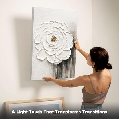 JUHOME Hand-Painted Oil Painting White Flowers Texture Black White Wall Art,3D Abstract Decorative Canvas Wall Decor, Home Office Hall Wall Decorative, 24 x 36