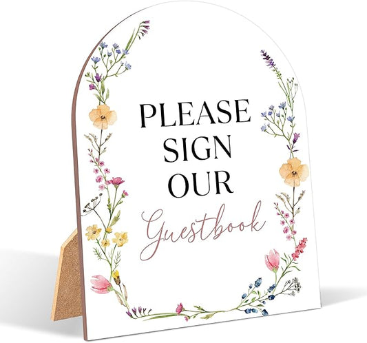Boho Wildflower Please Sign Our Guestbook Sign for Baby Shower, 6x8 Inch Arch Wooden Sign with Stand, Floral Baby Shower Table Sign, Gender Neutral Party Decoration - MUK33