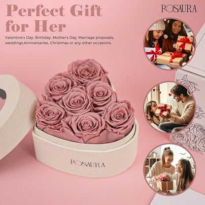 Rosaura Heart-Shaped Preserved Roses Gift Box - Real Forever Flowers for Birthday, Valentine's & Mother's Day (Cappuccino, 7 Roses)