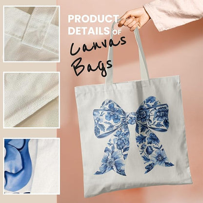Blue and White Chinoiserie Prints Canvas Tote Bag for Women, Reusable Folding Shopping Bags with Handles