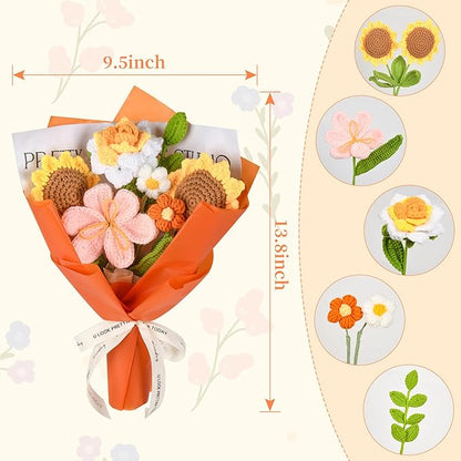 Crochet Flower Bouquet Handmade Crochet Flowers Gifts, Crochet Tulips Sunflowers Roses 7Pcs for Mothers Day Weddings Birthdays Home Decor Ideal for Women Moms Wife Friends(Orange)