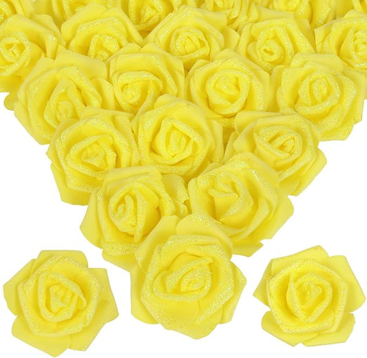 100pcs Yellow Glitter Roses - 2.56" Foam Glitter Flowers - Fake Roses for Bridal Shower Centerpieces & DIY Wedding Flower Arrangements