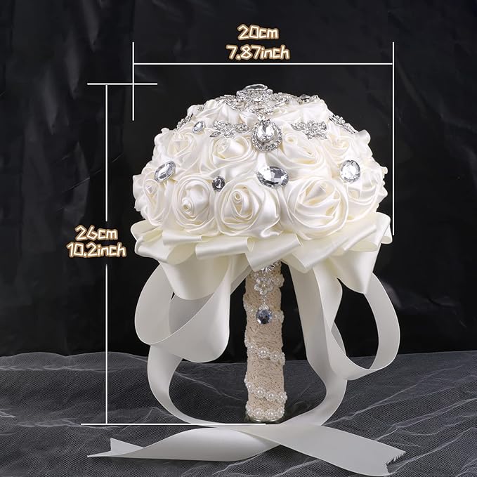 Handmade Brooch Wedding Flowers Bridal Bouquets Crystal Bride Holding Bouquet White Ivory Satin Roses with Diamond Pearl Ribbon (Luxury-White)