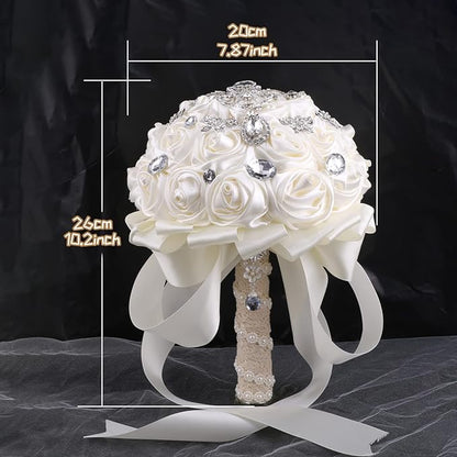 Handmade Brooch Wedding Flowers Bridal Bouquets Crystal Bride Holding Bouquet White Ivory Satin Roses with Diamond Pearl Ribbon (Luxury-White)