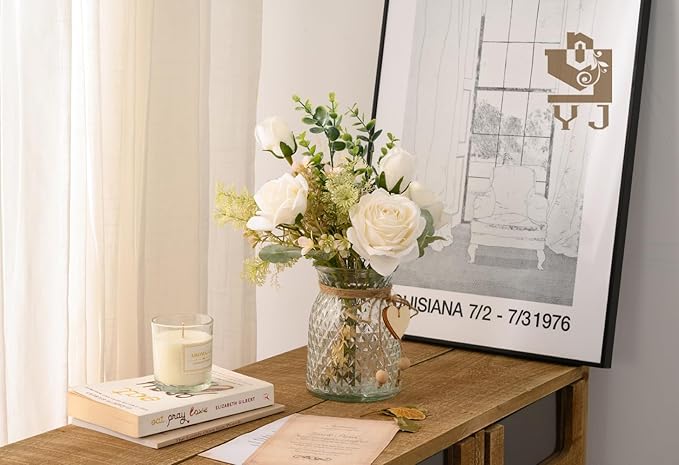 YJ Fake Flowers with Vase, Silk Roses Artificial Flowers in Vase, Faux Flower Plant Arrangement Suitable for Home Office Decoration, Dining Table Centerpiece(White)