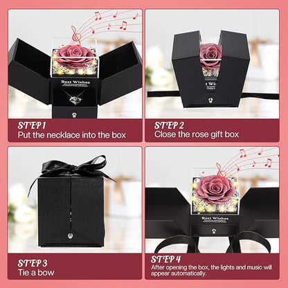 Christmas Birthday Gifts for Women - Preserved Real Rose with I Love You Heart 100-Language Necklace, LED Lights & Music Gift Box, Christmas for Women Girlfriend Mom