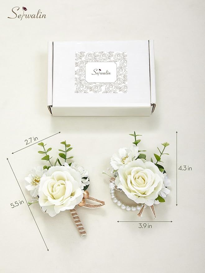 Serwalin Ivory Corsage and Boutonniere Set, Prom Flower Wrist Corsage Bracelets, Homecoming Roses Corsage Wristlet and Men Boutonniere for Wedding Flowers Accessories Prom Suit Decorations