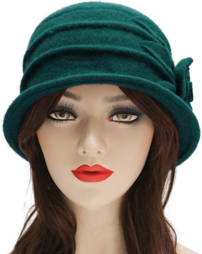 ZLYC Women Wool Cloche Bucket Hat 1920s Vintage Dress Winter Hats with Flower Accent