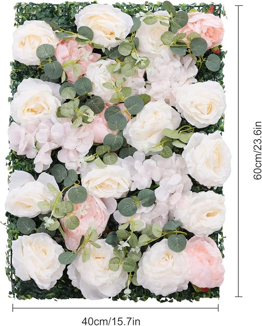 Artificial Flower Wall Panels, Silk Wedding Flower Wall Backdrop Panel, 3D Floral Panel Artificial Floral Wall Mat Flower Screen for Photo Party Wedding Wall Background Decor (6PCS White+Pink)