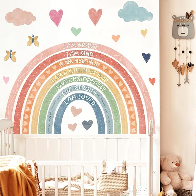Large Rainbow Wall Stickers Kids Inspirational Wall Decal Peel and Stick Boho Rainbow Walls Decals for Baby Girls Bedroom Pastel I Am Motivational Art Mural for Nursery Playroom Decor 44.5"x73.4"