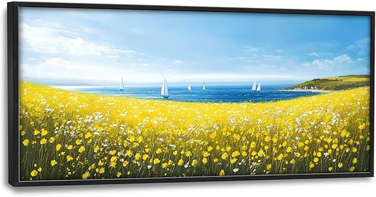 Coastal Flowers Large Wall Art Framed Wall Decor for Living Room Ocean Sailboat Pictures Oversized Canvas Print Painting Modern Extra Large Framed Artwork for Bedroom Office Home Decor 60"x30"