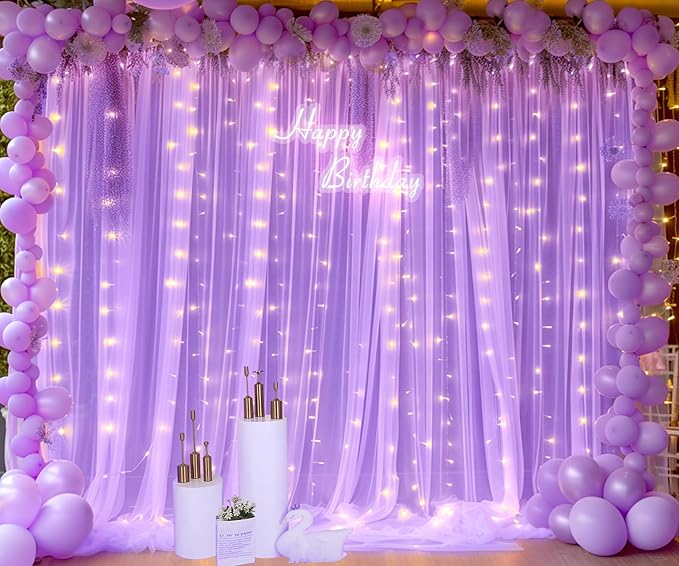 Lavender Tulle Photo Backdrop Curtain with Lights String for Parties Wedding Bridal Shower Sheer Lavender Curtain Backdrop for Birthday Baby Shower Photo Booth Photography 10ft x 8ft