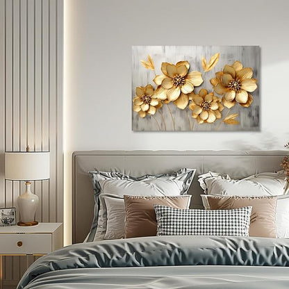 KPLUNDO Canvas Prints Wall Art Gold Flower Picture Gray Poster Landscape Painting Aesthetics Artwork Home Decor for Living Room Kitchens Decoration Gallery Wrap Ready to Hang(Art-2,24.00x36.00 inch)