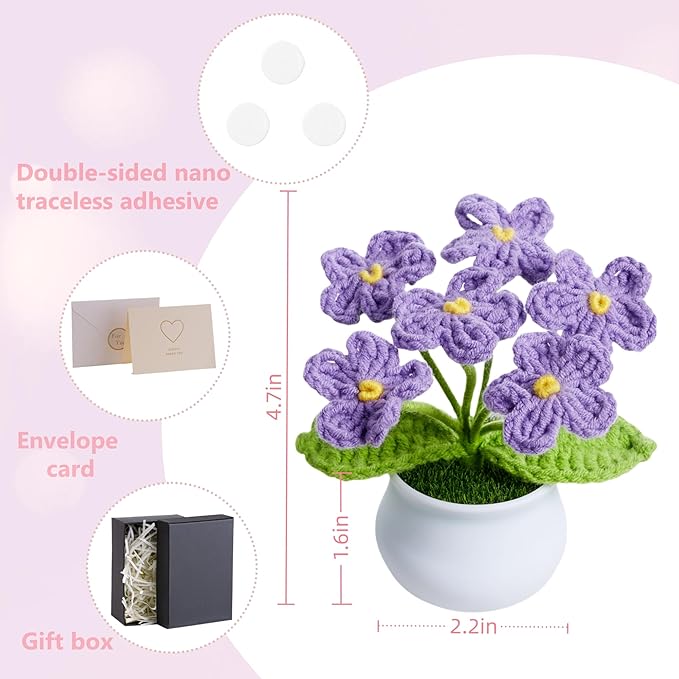 Crochet Flowers Cute Handmade Knitted Potted Flower Plants Gift for Women Female Teacher Birthday Anniversary Valentines Christmas Decor for Car Dashboard Home Room Office Desk Decorations