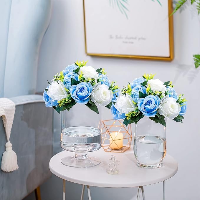 Sziqiqi Faux Silk Rose Flowers Artificial Flowers for Wedding Party Centerpiece Decorations Home Decorative Flowers, Pack of 2 Blue