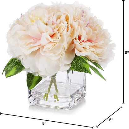 ENOVA HOME Silk Peony Flowers Arrangements in Cube Glass Vase with Faux Water for Home Table Wedding Centerpiece Decoration (Peach)