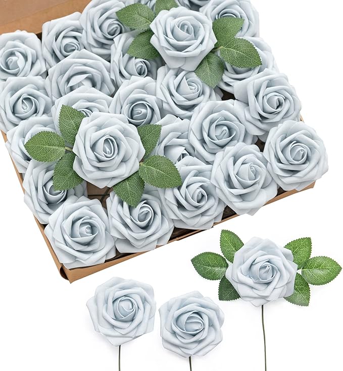 Ling's moment Artificial Flowers 25Pcs Powder Blue Roses Decor w/Stems,3" Real Touch DIY Foam Floral for Wedding Bouquet/Centerpieces, Outdoors Party Backdrop, Room/Table, and Garden/Pot Decorations