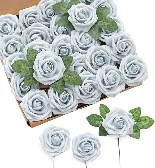 Ling's moment Artificial Flowers 25Pcs Powder Blue Roses Decor w/Stems,3" Real Touch DIY Foam Floral for Wedding Bouquet/Centerpieces, Outdoors Party Backdrop, Room/Table, and Garden/Pot Decorations