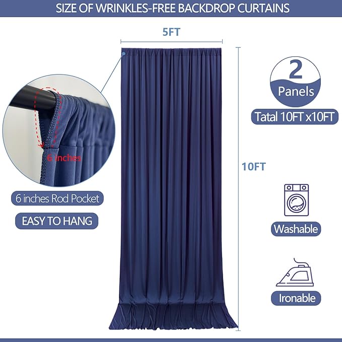 10x10ft Wrinkle Free Navy Blue Backdrop Curtain for Parties Soft Fabric Drapes Wedding Blue Curtain Backdrop for Birthday Party Decorations Background for Photography 5x10ft, 2 Panels