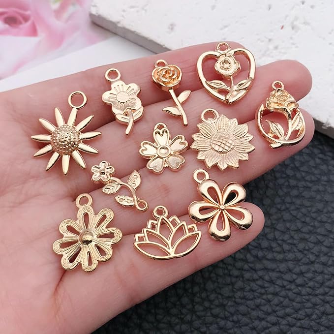 WOCRAFT 60pcs KC Gold Flowers Charms Bracelet Charms for Jewelry Making Sets DIY Necklace Bracelet Keychain Crafting Charms Kit Craft Supplies (SN878)