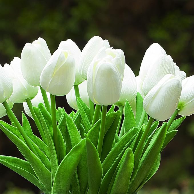 ENOVA FLORAL 20 Heads White Tulips Real Touch Artificial Flowers in Vase, Fake Tulips Flowers with Vase and Faux Water for Dining Table Decoration, Home Wedding (White)