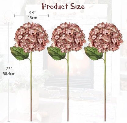 Hollyone 3Pcs Christmas Flowers Artificial Hydrangea Flowers with Stems 23inch Glitter Fake Hydrangea Flower Pink Floral Arrangements Bouquets Xmas Faux Hydrangea Wedding Christmas Tree Home Decor