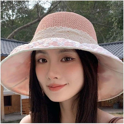 Women's Sun Shade Hat UPF 50+ - Foldable Straw Beach Cap with Lace Bow, Breathable Summer Travel Hat for Women