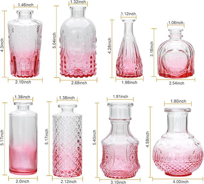 Brajttt Pink Flower Vase Set, Glass Bud Vase in Bulk Set of 8,Artistic and Cultural Flavor Mini Vases for Home Office Decor, Bedroom, Office, Living Room Decorations,Wedding