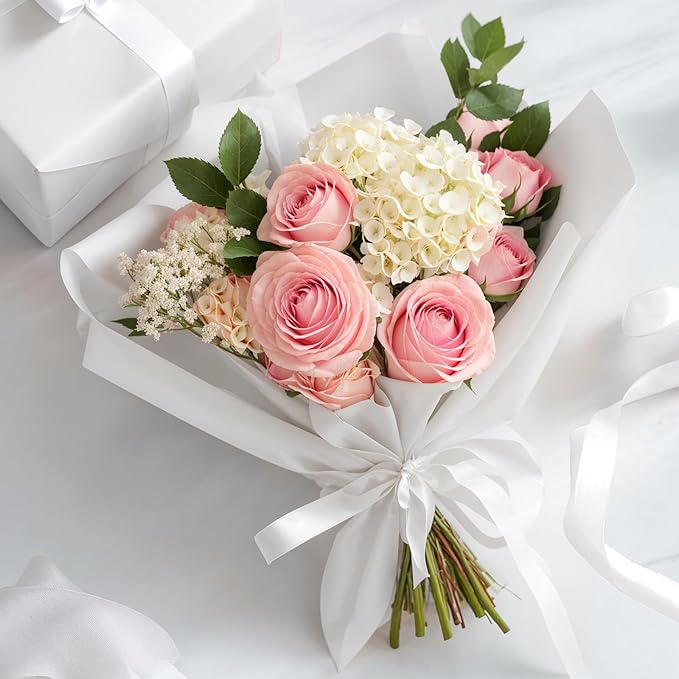 YTDEK Flower Wrapping Paper 20 Sheets White Floral Bouquet Wrapping Paper with Ribbon for Florist Supplies Wedding Shower Anniversary Birthday Graduation