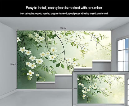 Spring Blossom Floral Wall Mural, Minimalist White Floral 3D Wall Murals, Elegant Botanical Wallpaper Mural, for Living Room Bedroom Large Wallpaper Indoor Decor 118" W x 82.6 "H