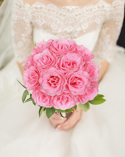 Pink Glitter Roses,30PCS Glitter Flowers Bouquet Artificial Roses with Stems for Wedding Party Christmas Home Decor(Pink with Silver Glitter)