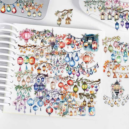 50PCS Watercolor String Light Stickers - Transparent PET Waterproof Lantern Decals for DIY Crafts, Journals, Bottles, Phone Cases