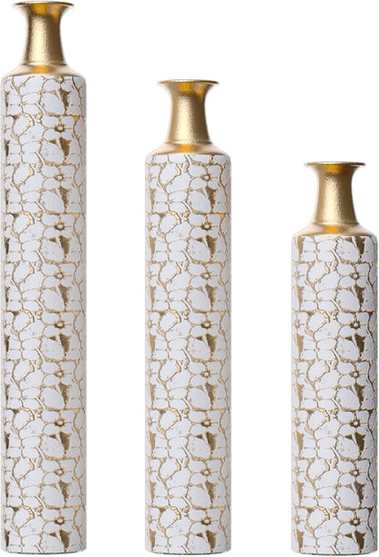 Metal Floor Vases Decorative, Set of 3 Flower Arrangement Stand, Metal Decorative Vase Tall Distressed Metallic Centerpiece Vases, 32", 28", 24" H (Antique White)
