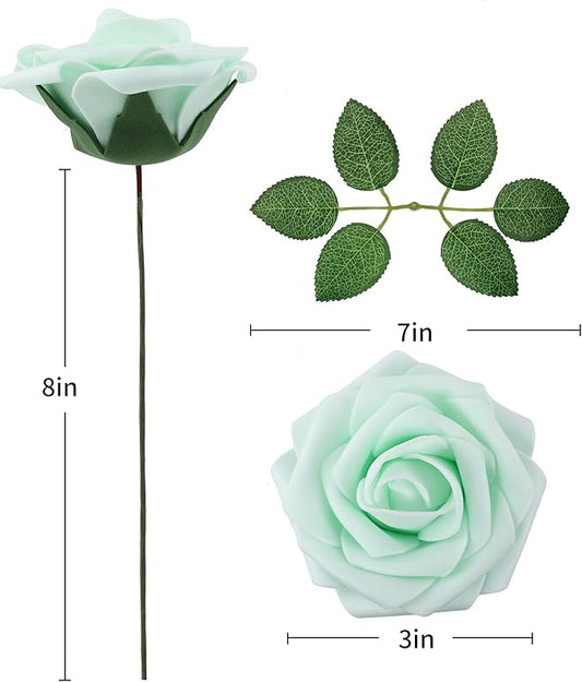 DuHouse 50Pcs Artificial Roses Flowers Fake Roses with Stems Real Touch Foam Flowers for DIY Wedding Bouquet Baby Shower Centerpiece Floral Arrangement Party Home Decor(Mint Green)