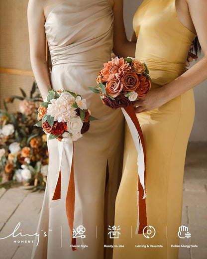 Ling's moment Terracotta Artificial Flowers Bridesmaid Bouquet Set of 4, Burnt Orange Wedding Flowers Bouquets for Bridesmaids, 7 Inch Bridal Bouquets for Bridesmaids, Wedding, Ceremony