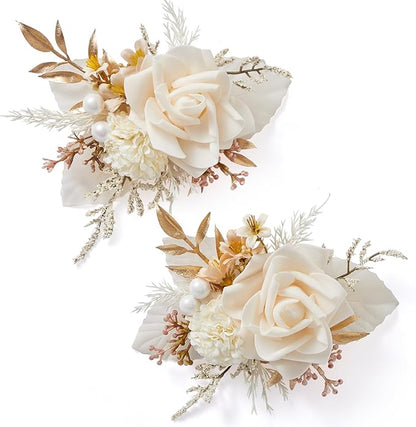 Serwalin 𝗦𝗲𝘁 𝗼𝗳 𝟮 Boutonniere for Men 𝟲-𝟳 𝗜𝗻𝗰𝗵 Corsage with Pins,Groom and Best Man Boutonnieres for Wedding Prom Ceremony Anniversary Party Cake Topper (Champagne)