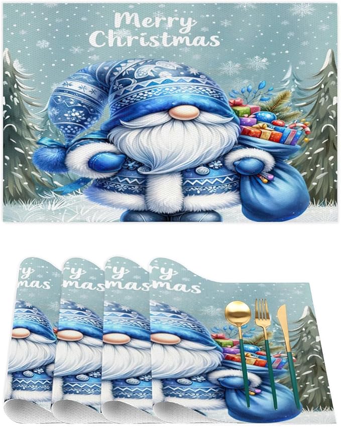 Xmas Christmas Gnomes Bule Snowflake Placemats Set of 4 PVC Vinyl Non Slip Table Mats Heat Resistant Place Mats Washable Wipeable Dining Table Mat for Kitchen Party Indoor Outdoor Decorative Gift