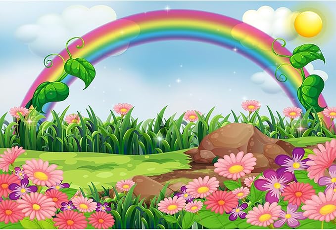 AOFOTO 15x10ft Cartoon Spring Flowers Rainbow Backdrop Meadow Sweet Floral Blossom Sky Sun Enchanting Garden Scenery Background for Kids Baby Shower Birthday Party Decor Wallpaper Photoshoot Props