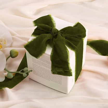 Velvet Ribbon for Gift Wrapping Olive Green Handmade Fringe Ribbons for Crafts Bouque Christmas Decorations 2 Rolls 1 1/2 Inch x 2 Yd (4 Yards Total)
