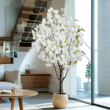 Indoor Faux Cherry Blossom Tree White Artificial Flower Tree, Artificial Cherry Blossom Tree 6 FT for Living Room Bedroom Decor Gift
