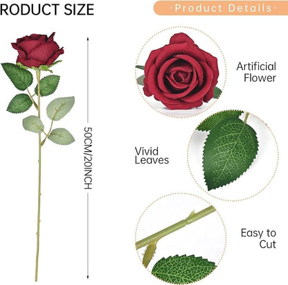 200 Pack Silk Roses Flowers - Artificial Burgundy Fake Flowers with 50cm Stems for Wedding Decor, 3.7in(7cm) Silk-Like Velvet Flower Heads for Wedding, Vintage Decor (200, Burgundy)