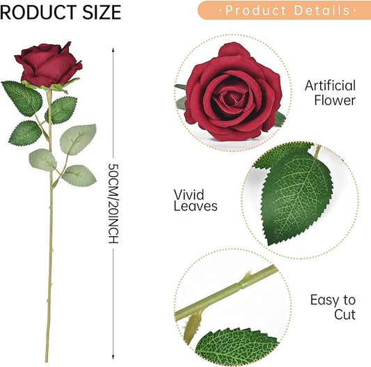 200 Pack Silk Roses Flowers - Artificial Burgundy Fake Flowers with 50cm Stems for Wedding Decor, 3.7in(7cm) Silk-Like Velvet Flower Heads for Wedding, Vintage Decor (200, Burgundy)