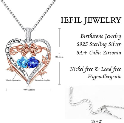 Iefil Rose Heart Double Birthstone Necklace Gifts for Wife Her Mom Women, Birthstone Jewelry Gemstone Birthday Gifts for Girlfriend Grandma Her Wife Women