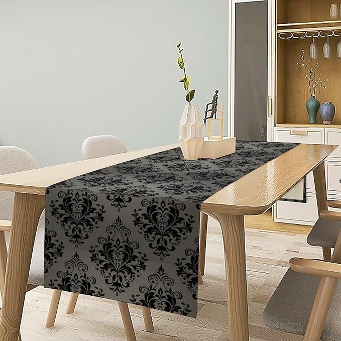 Black Damask Table Runner,Gothic Antique Victorian Floral Boho Table Runner for Home Kitchen Table Dining Garden Farmhouse Wedding Party Decor 13x70 Inch