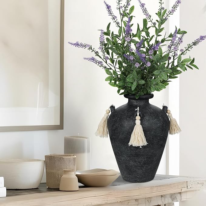 9.4" Large Black Ceramic Vase for Centerpieces - Rustic Farmhouse Vase with 4 Ears & Tassels, Terracotta Vintage Flower Vases for Table, Desk, Living Room, Bedroom, Entryway, Holiday & Weddings Decor