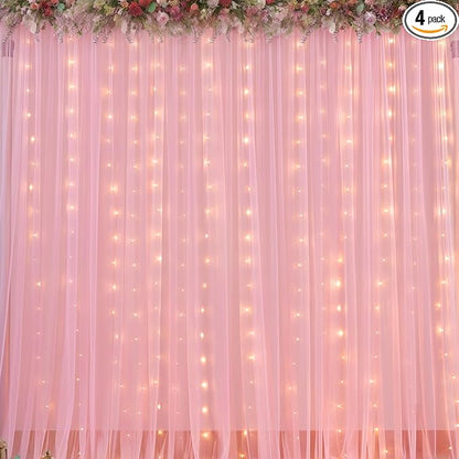 Sheer Backdrop Curtains with Lights String for Weddings Baby Showers, 20x8ft Sheer Tulle Photo Backdrop Curtains for Birthday Party Photography Background Decoration, Pink