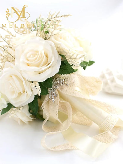 Meldel 8.66 Inch Wedding Bouquets for Birde Bridesmiads, Bridal Bouquet for Birde Wedding, White Champagne Artificial Roses Flowers Wedding Decoration