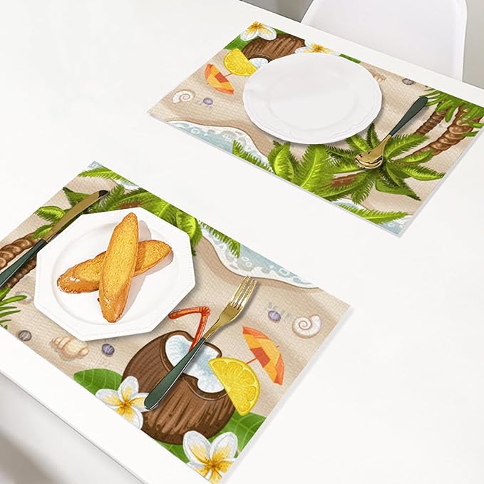 Placemats Set of 4 Waterproof Oilproof Table Mats Summer Coconut Beach Washable Wipeable Heat Resistant Easy to Clean for Indoor Outdoor Party Kitchen Dining Table Decoration 12 * 18in