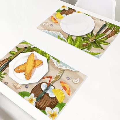 Placemats Set of 4 Waterproof Oilproof Table Mats Summer Coconut Beach Washable Wipeable Heat Resistant Easy to Clean for Indoor Outdoor Party Kitchen Dining Table Decoration 12 * 18in