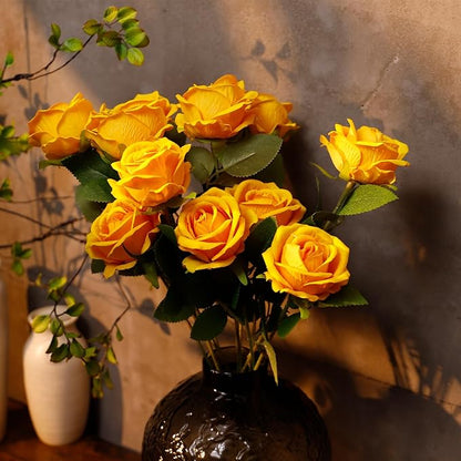 12 Pcs Artificial Rose Flowers, Silk Roses with Long Stems, Realistic Fake Roses for Wedding Centerpiece Party Home and Office DIY Decor, Yellow